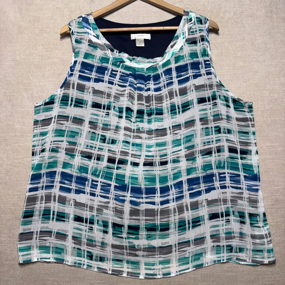 CJ Banks Plaid Sleeveless Layered‎ Sheer Overlay Tank Top Blouse Size 2X